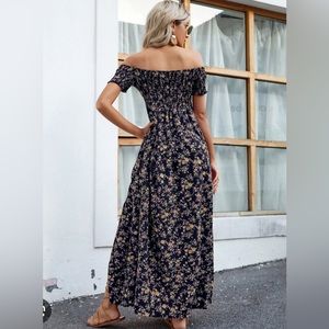 Navy off shoulder sundress with leg slit. Size large